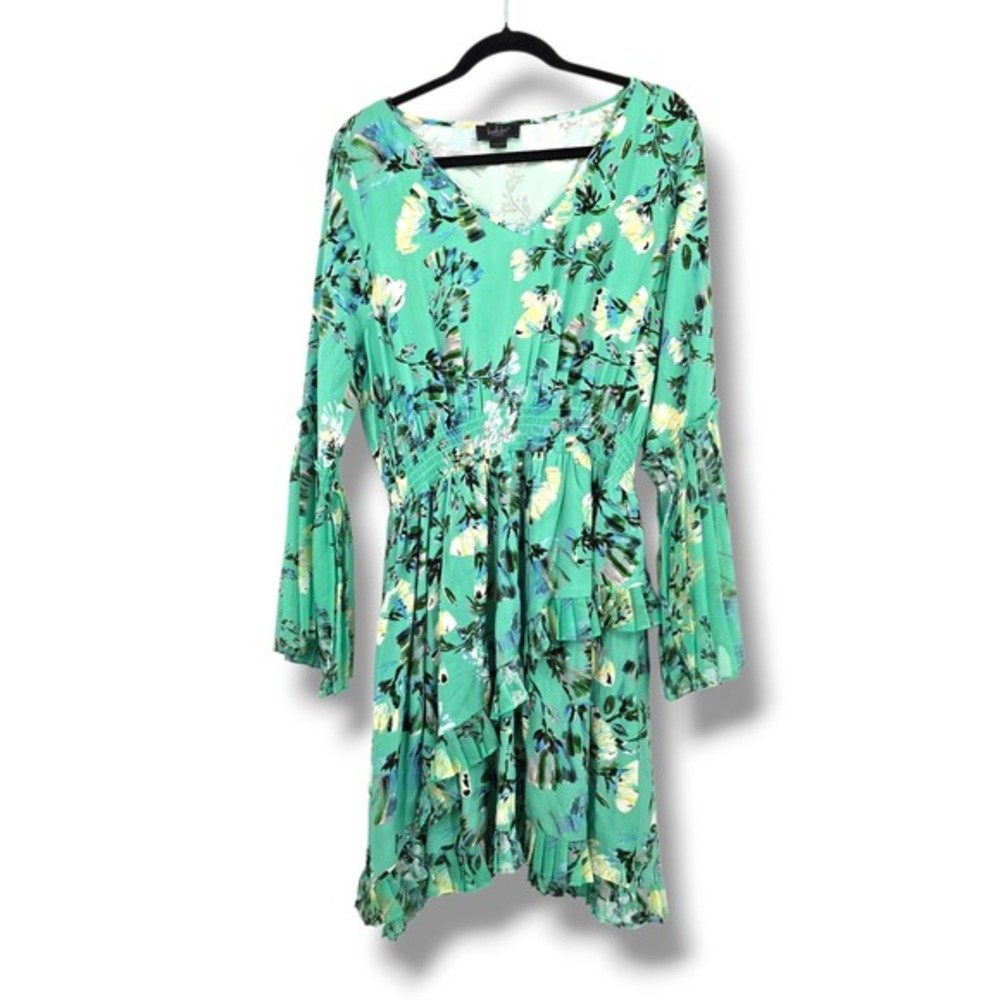 Bellini Los Angeles Womens Green Floral Print Ruffle Tiered Midi Dress 1X